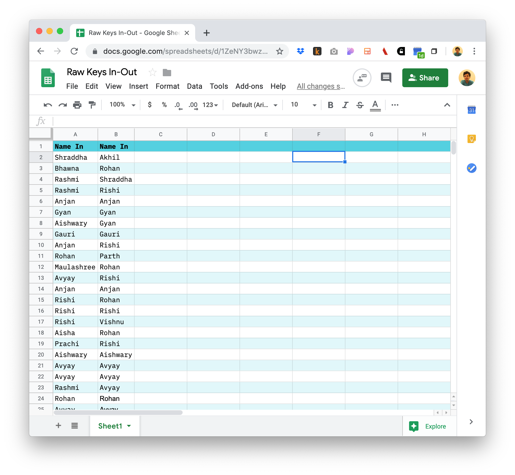 Screenshot of spreadsheet on Google Sheets