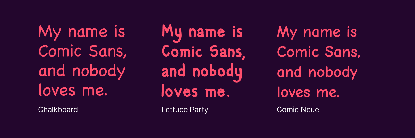 None of these fonts are actually Comic Sans, but they were all influenced by it. Chalkboard is a macOS lookalike, Lettuce Party is a font I made, and Comic Neue is a Kickstarter funded reimagining of the original.