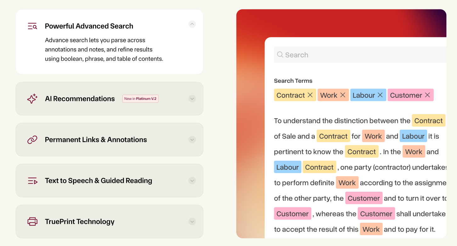 The EBC Reader feature list — Advanced Search, AI Recommendations, Permanent Links and Annotations, Text to Speech, TruePrint — beside the search panel