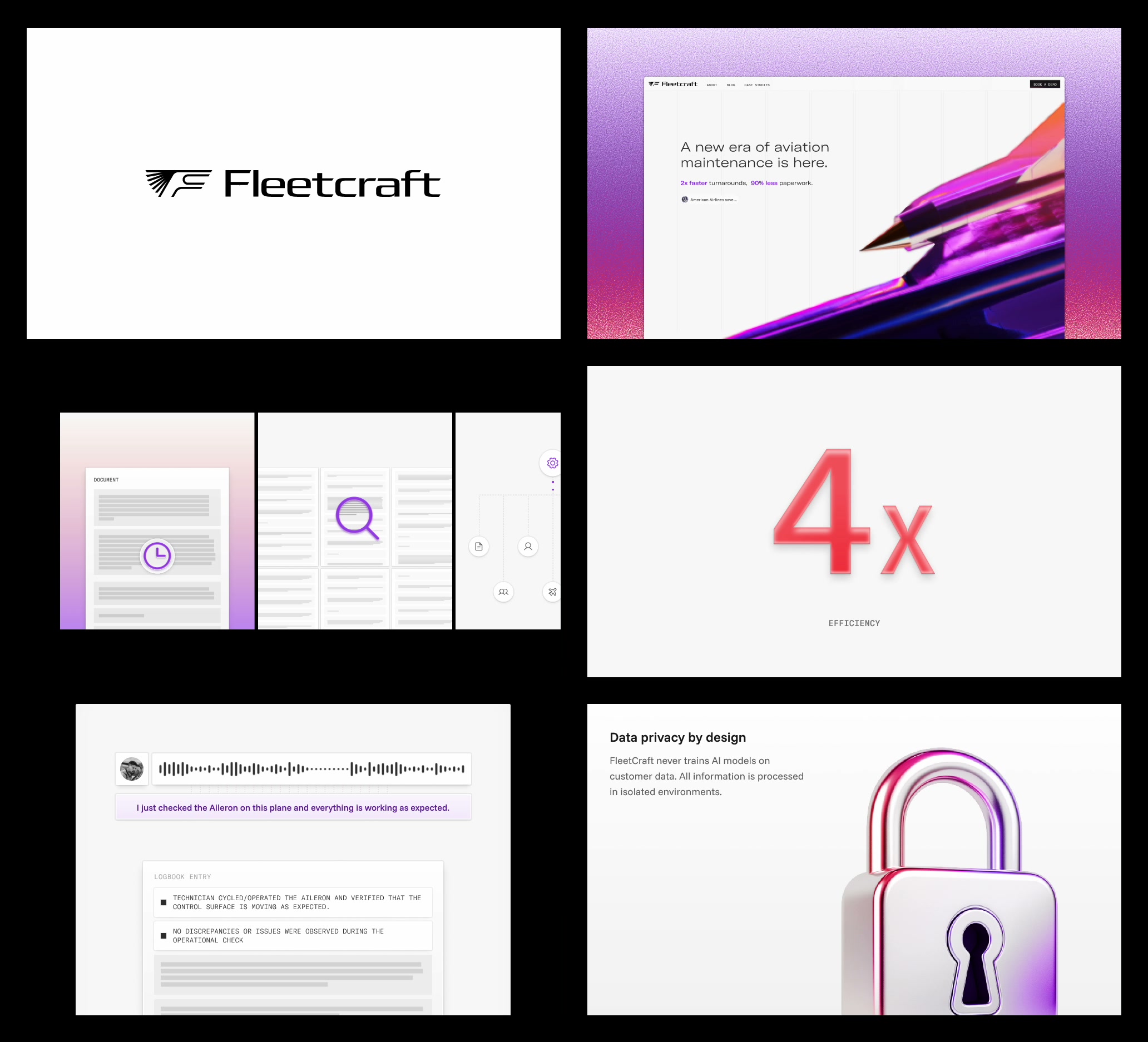 The Fleetcraft identity and website, showing voice-to-logbook capture and the data privacy section