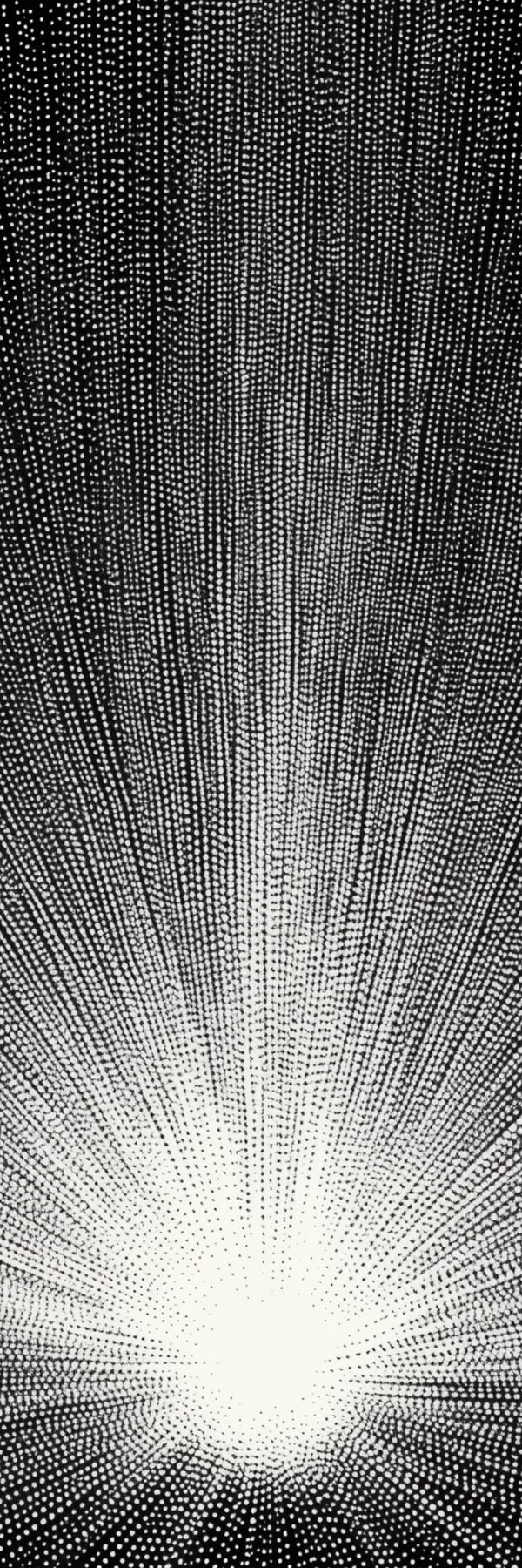 Bookmark three, back: a figure dwarfed by a red architectural interior, rendered in stipple