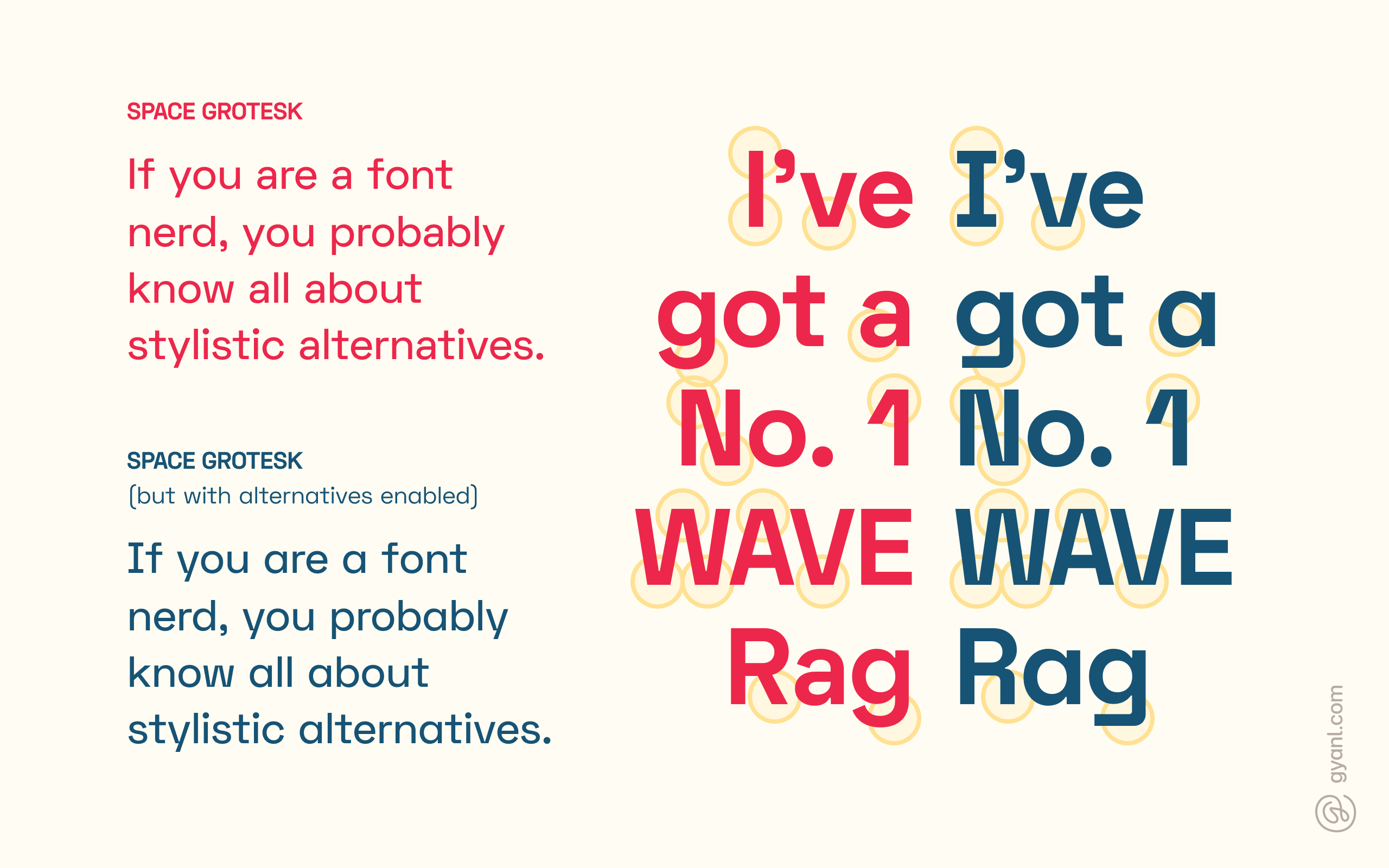 A font with and without stylistic alternatives enabled.